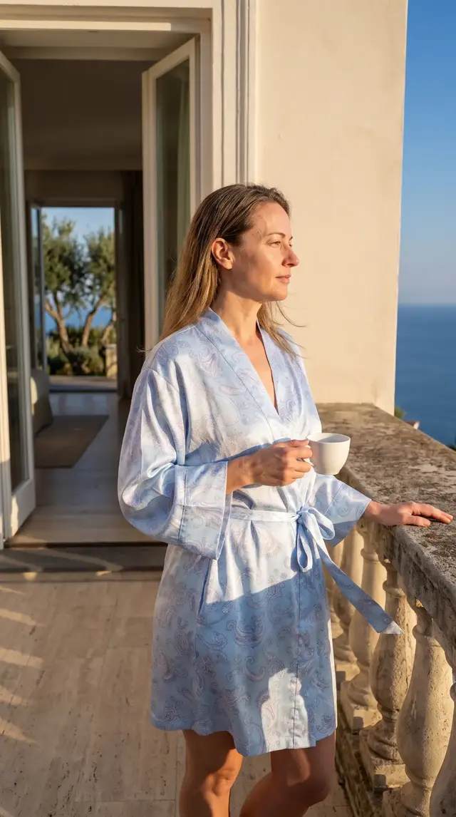 AI editorial image: silk robe worn on a Mediterranean terrace